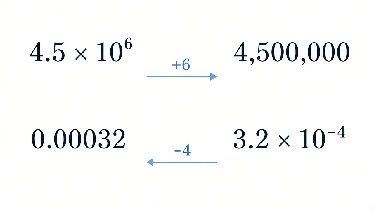 Positive and negative exponents showing decimal moves right and left