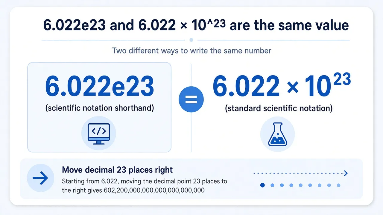 6.022e23 equals 6.022 times 10 to the 23rd, move decimal 23 places right